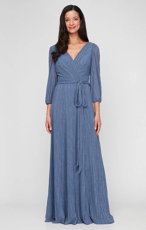 Long Micro Pleated Foil Mesh Dress with Surplice Neckline, Bubble Hem Sleeves and Tie Waist