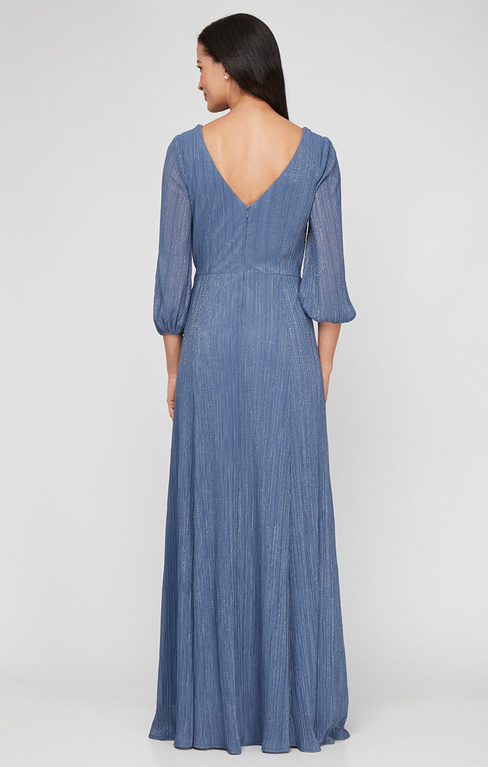 Long Micro Pleated Foil Mesh Dress with Surplice Neckline, Bubble Hem Sleeves and Tie Waist