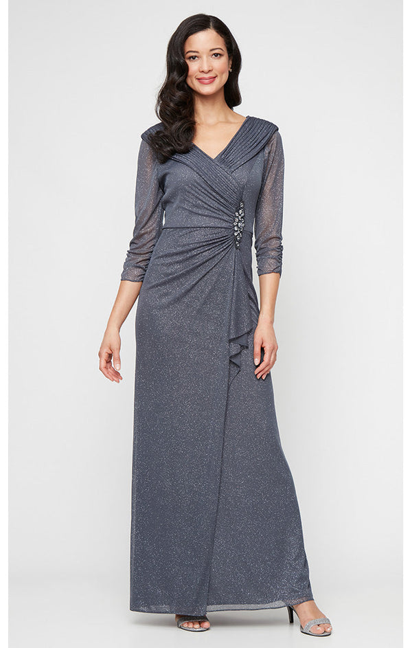 Petite Long Portrait Collar Glitter Mesh Dress with Illusion Sleeves and Embellished Ruched Waist Detail