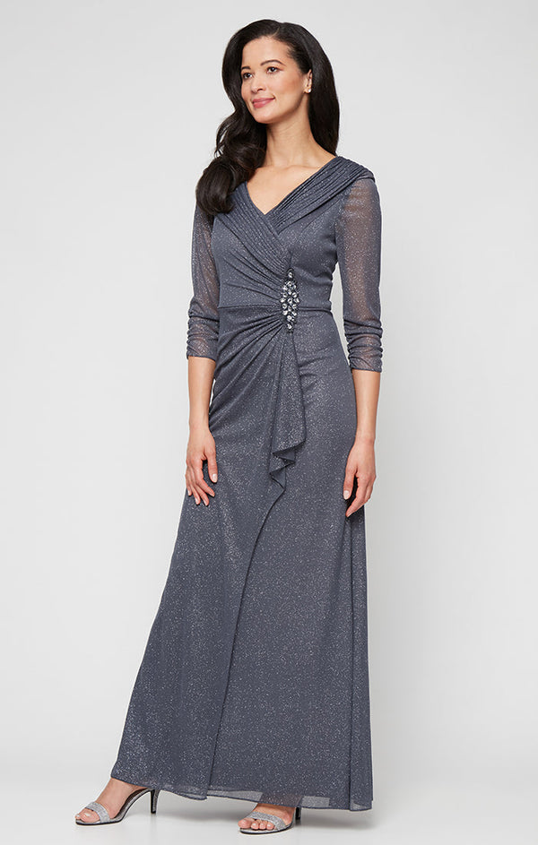 Long Portrait Collar Glitter Mesh Dress with Illusion Sleeves and Embellished Ruched Waist Detail
