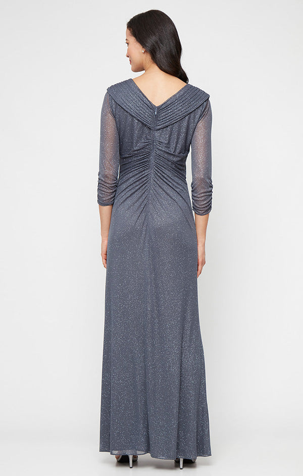 Long Portrait Collar Glitter Mesh Dress with Illusion Sleeves and Embellished Ruched Waist Detail