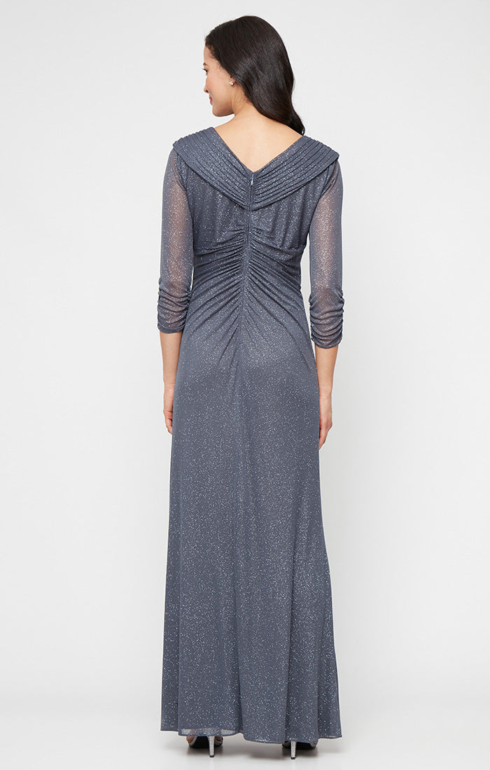 Long Portrait Collar Glitter Mesh Dress with Illusion Sleeves and Embellished Ruched Waist Detail