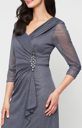 Long Portrait Collar Glitter Mesh Dress with Illusion Sleeves and Embellished Ruched Waist Detail