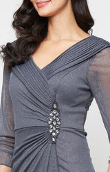 Petite Long Portrait Collar Glitter Mesh Dress with Illusion Sleeves and Embellished Ruched Waist Detail