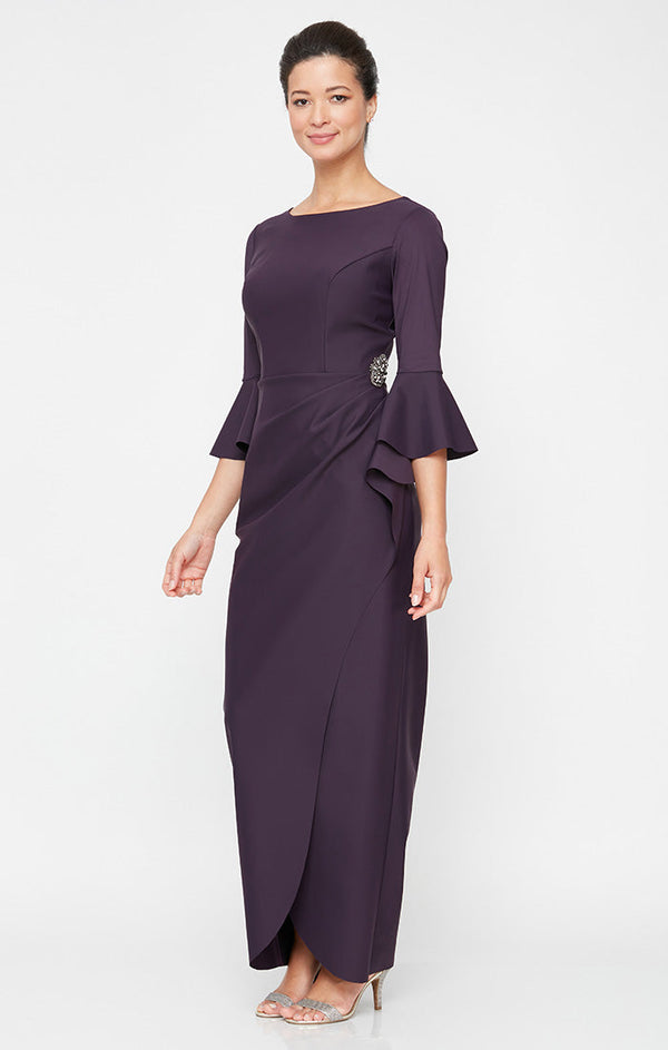 Contour Collection Long Sheath Dress with Bell Sleeves, a Cascade Ruffle Tulip Hem Skirt & Embellishment Detail at Hip