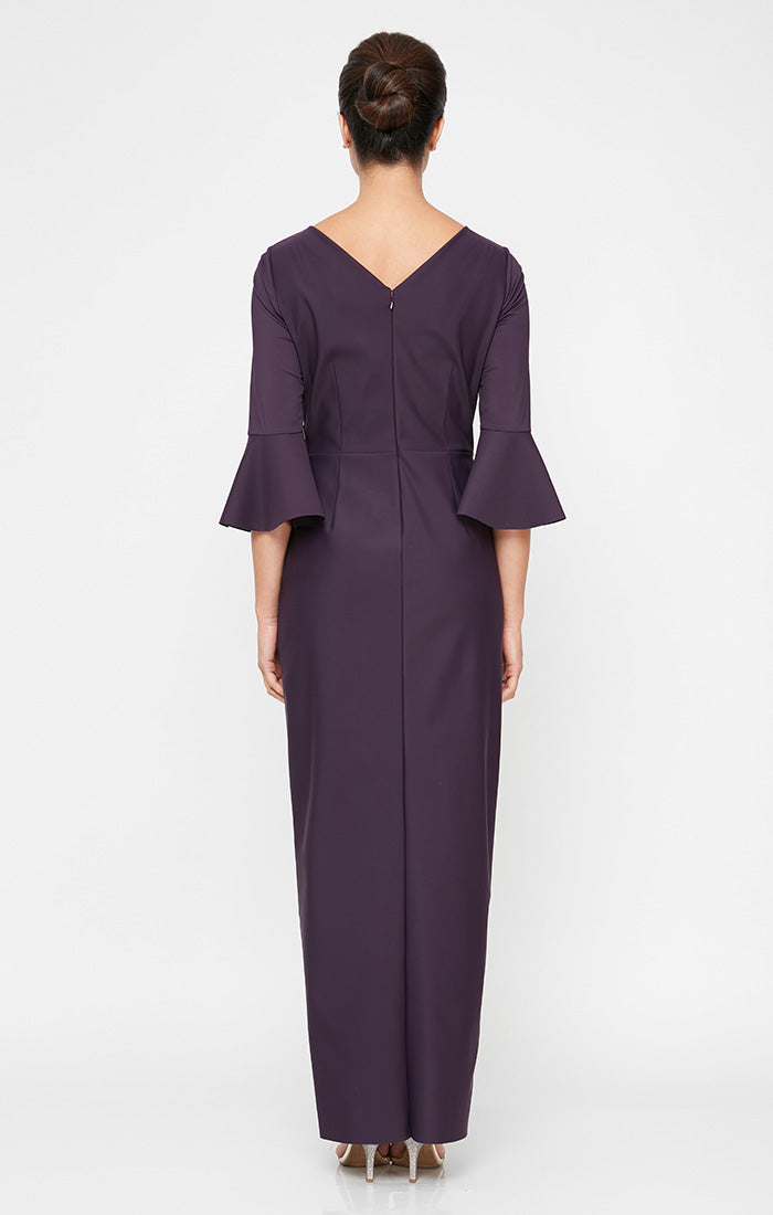 Contour Collection Long Sheath Dress with Bell Sleeves, a Cascade Ruffle Tulip Hem Skirt & Embellishment Detail at Hip