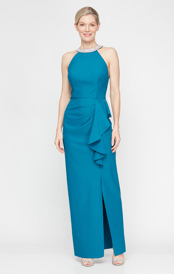 Regular - Embellished Halter Neckline Contour Dress with Cascade Skirt