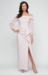 Regular - Off-the-Shoulder Dress with Sheer Chiffon Sleeves, Cascade Ruffle Skirt and Front Slit
