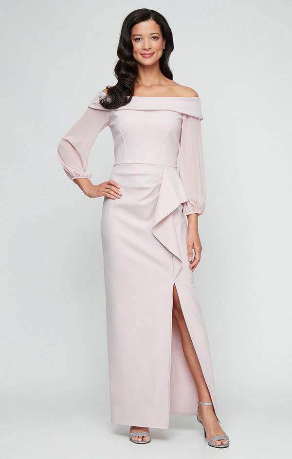 Regular - Off-the-Shoulder Dress with Sheer Chiffon Sleeves, Cascade Ruffle Skirt and Front Slit