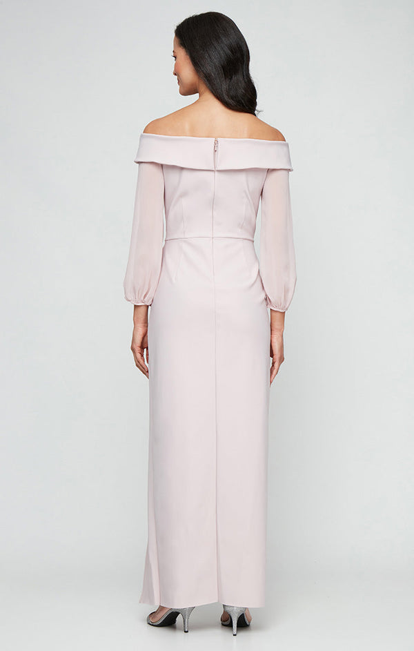 Regular - Off-the-Shoulder Dress with Sheer Chiffon Sleeves, Cascade Ruffle Skirt and Front Slit