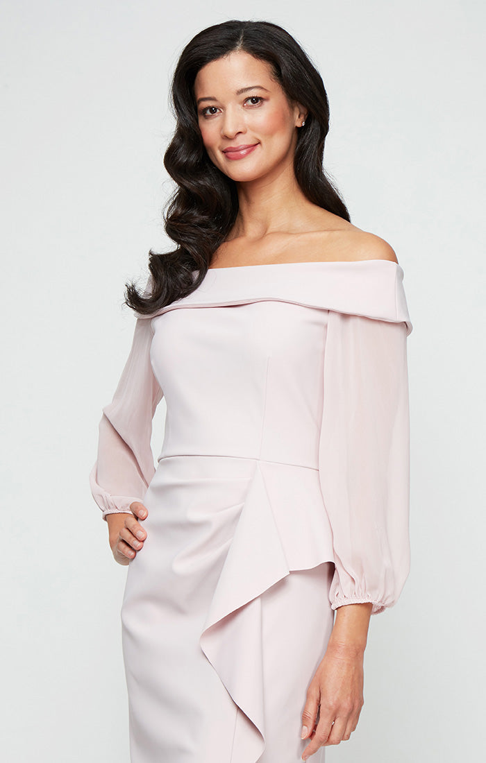 Regular - Off-the-Shoulder Dress with Sheer Chiffon Sleeves, Cascade Ruffle Skirt and Front Slit