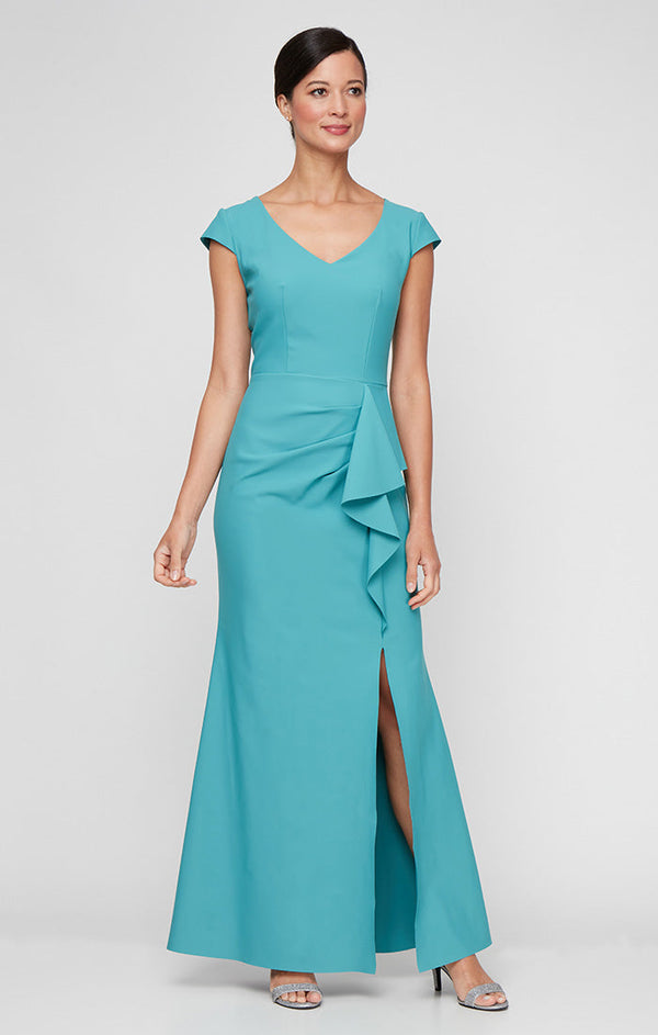 Regular - Contour V-Neck Gown with Cap Sleeves & Cascade Ruffle Skirt