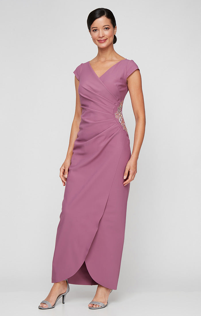Petite - Long Contour Dress with Surplice Neckline, Cap Sleeves, Tulip Overlay Skirt and Beaded Embellishment at Hip