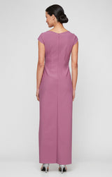 Petite - Long Contour Dress with Surplice Neckline, Cap Sleeves, Tulip Overlay Skirt and Beaded Embellishment at Hip