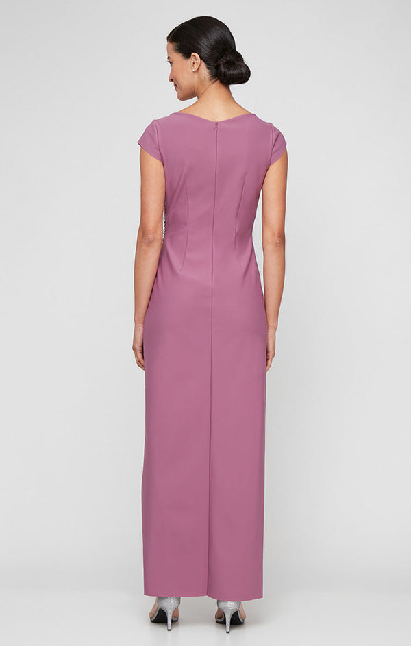 Petite - Long Contour Dress with Surplice Neckline, Cap Sleeves, Tulip Overlay Skirt and Beaded Embellishment at Hip