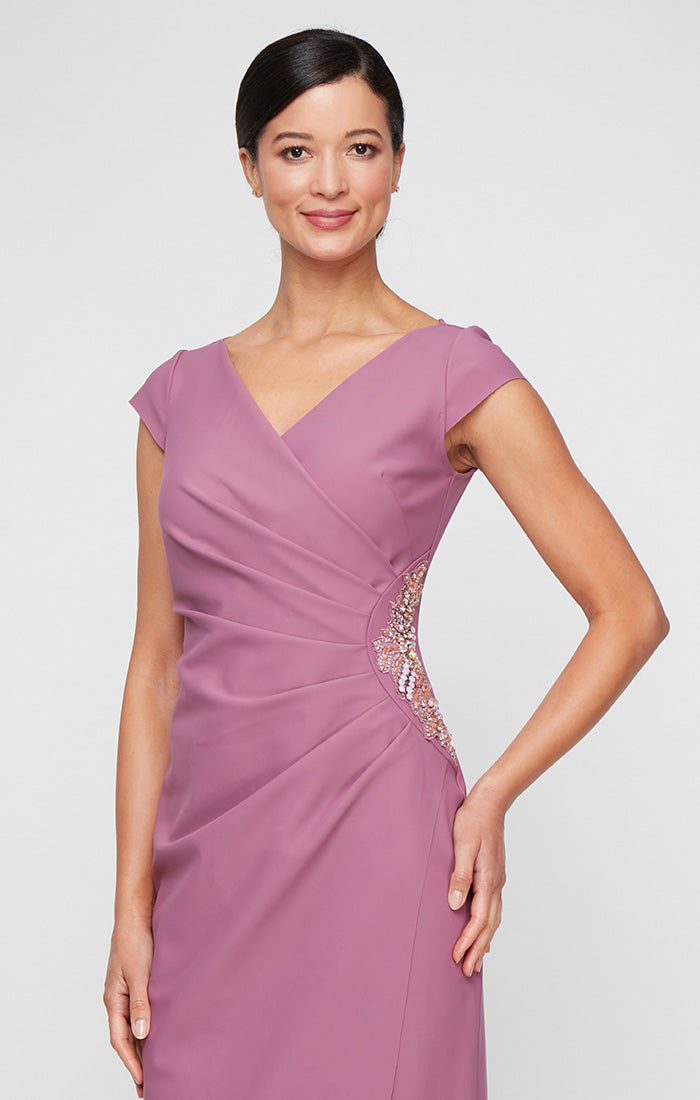 Petite - Long Contour Dress with Surplice Neckline, Cap Sleeves, Tulip Overlay Skirt and Beaded Embellishment at Hip