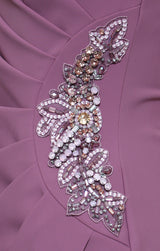 Petite - Long Contour Dress with Surplice Neckline, Cap Sleeves, Tulip Overlay Skirt and Beaded Embellishment at Hip