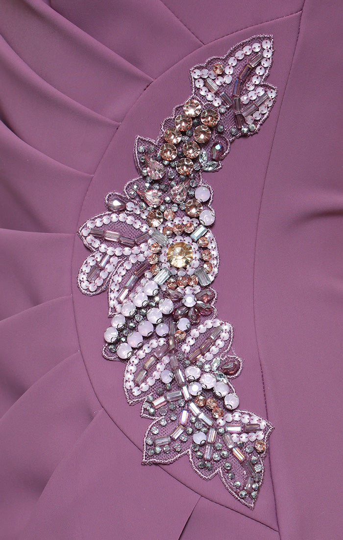 Petite - Long Contour Dress with Surplice Neckline, Cap Sleeves, Tulip Overlay Skirt and Beaded Embellishment at Hip