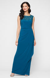 Petite Long Matte Jersey Dress with Sweetheart Heat Set Embroidered Neckline and Cascade Detail Skirt