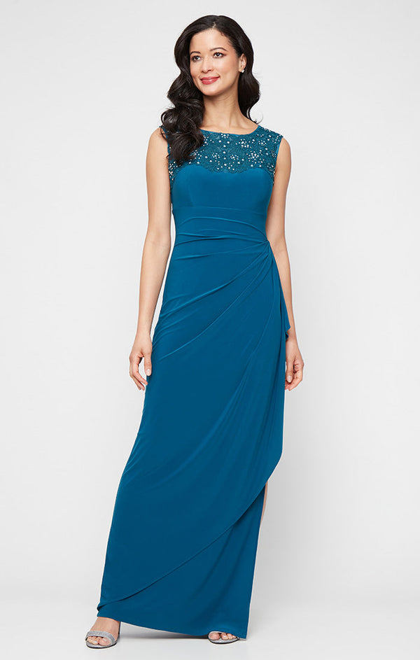 Petite Long Matte Jersey Dress with Sweetheart Heat Set Embroidered Neckline and Cascade Detail Skirt