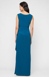Petite Long Matte Jersey Dress with Sweetheart Heat Set Embroidered Neckline and Cascade Detail Skirt