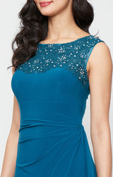 Petite Long Matte Jersey Dress with Sweetheart Heat Set Embroidered Neckline and Cascade Detail Skirt
