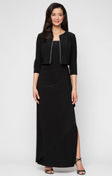 Long Matte Jersey Jacket Dress with Scoop Neckline, Cascade Skirt, Open Jacket and Foil Piping Trim