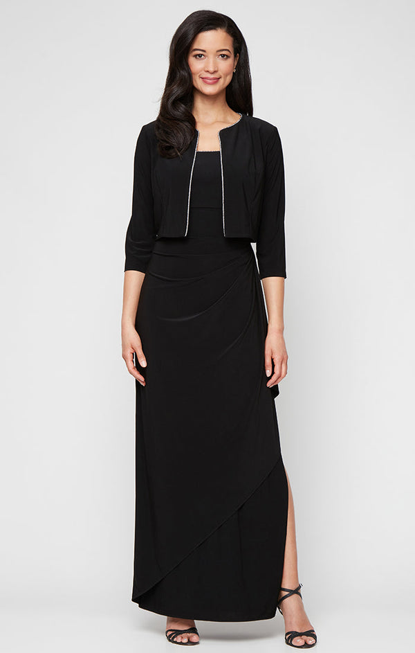 Long Matte Jersey Jacket Dress with Scoop Neckline, Cascade Skirt, Open Jacket and Foil Piping Trim