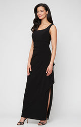 Long Matte Jersey Jacket Dress with Scoop Neckline, Cascade Skirt, Open Jacket and Foil Piping Trim