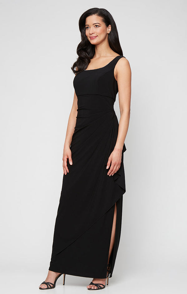 Long Matte Jersey Jacket Dress with Scoop Neckline, Cascade Skirt, Open Jacket and Foil Piping Trim