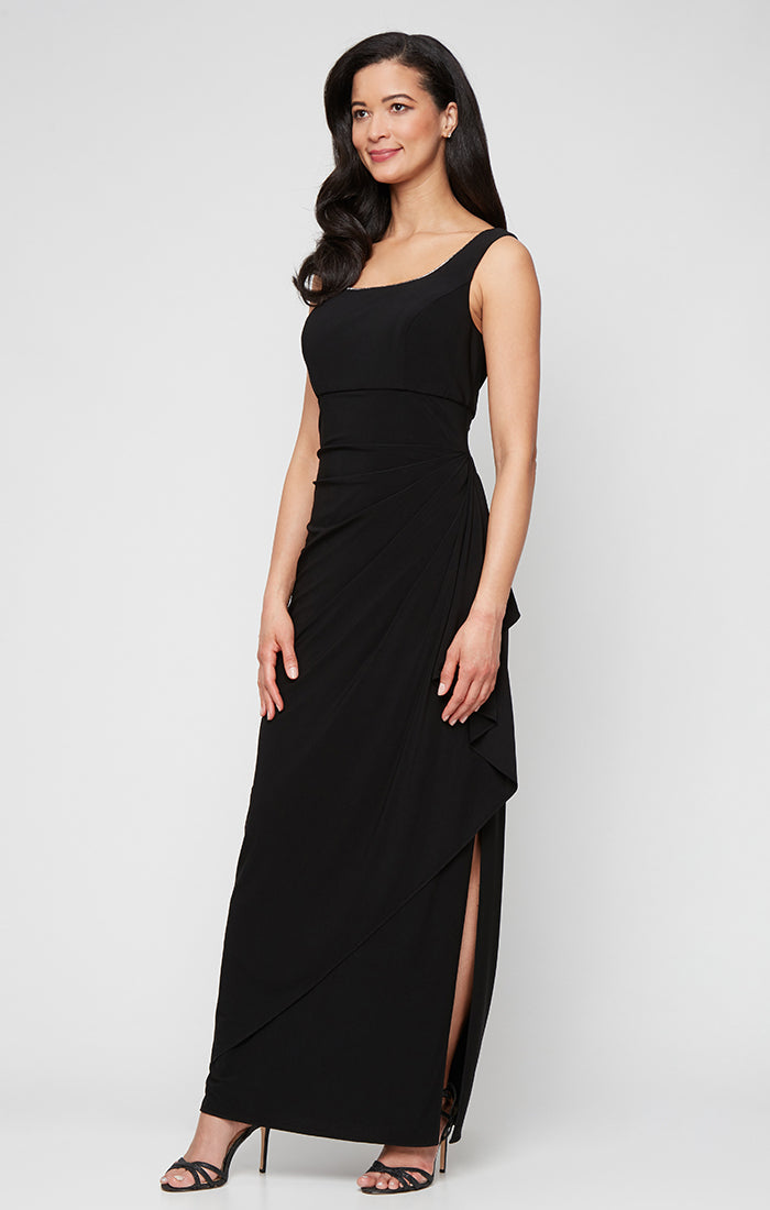 Long Matte Jersey Jacket Dress with Scoop Neckline, Cascade Skirt, Open Jacket and Foil Piping Trim