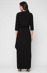 Long Matte Jersey Jacket Dress with Scoop Neckline, Cascade Skirt, Open Jacket and Foil Piping Trim