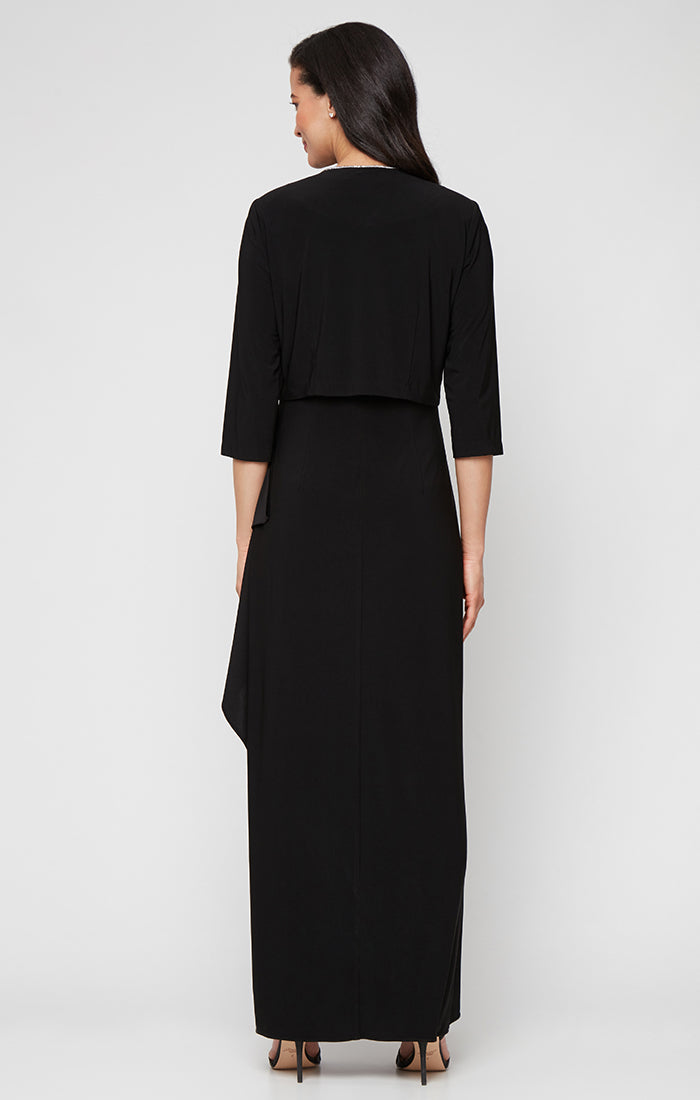 Long Matte Jersey Jacket Dress with Scoop Neckline, Cascade Skirt, Open Jacket and Foil Piping Trim