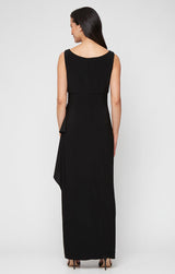 Long Matte Jersey Jacket Dress with Scoop Neckline, Cascade Skirt, Open Jacket and Foil Piping Trim