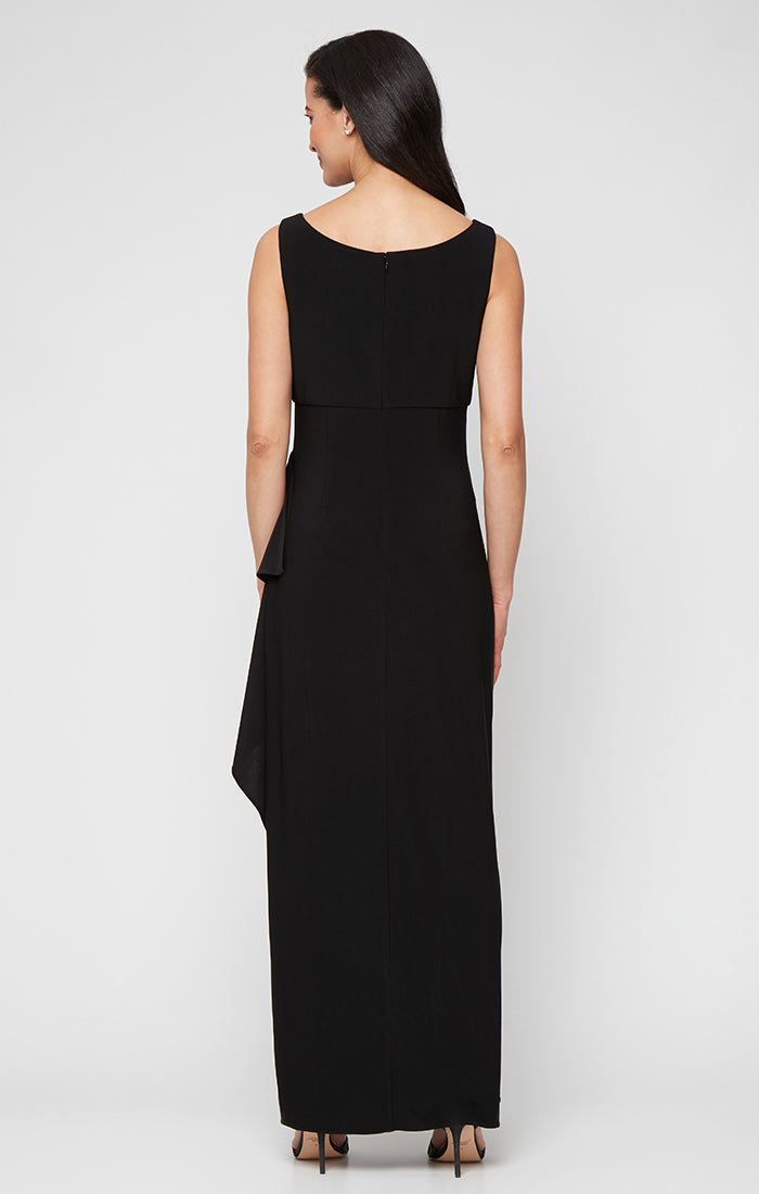 Long Matte Jersey Jacket Dress with Scoop Neckline, Cascade Skirt, Open Jacket and Foil Piping Trim