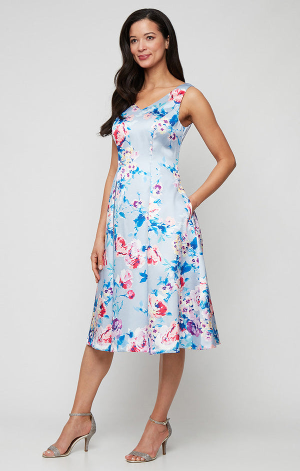 Midi Sleeveless Printed Stretch Faille A-Line Dress with V-Neckline