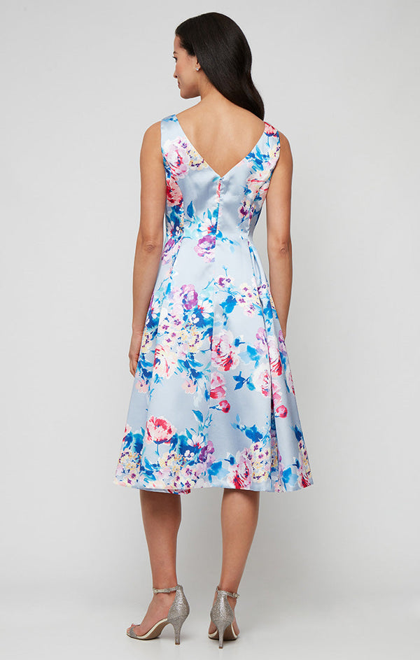 Midi Sleeveless Printed Stretch Faille A-Line Dress with V-Neckline