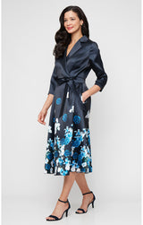 Tea Length Printed Mikado Dress with Surplice Neckline, A-Line Skirt and Tie Waist