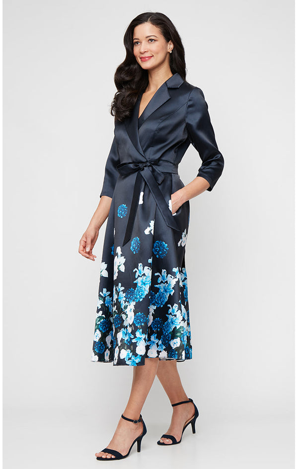 Tea Length Printed Mikado Dress with Surplice Neckline, A-Line Skirt and Tie Waist