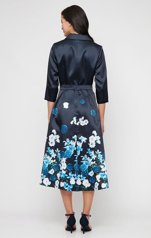 Tea Length Printed Mikado Dress with Surplice Neckline, A-Line Skirt and Tie Waist