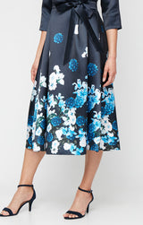 Tea Length Printed Mikado Dress with Surplice Neckline, A-Line Skirt and Tie Waist