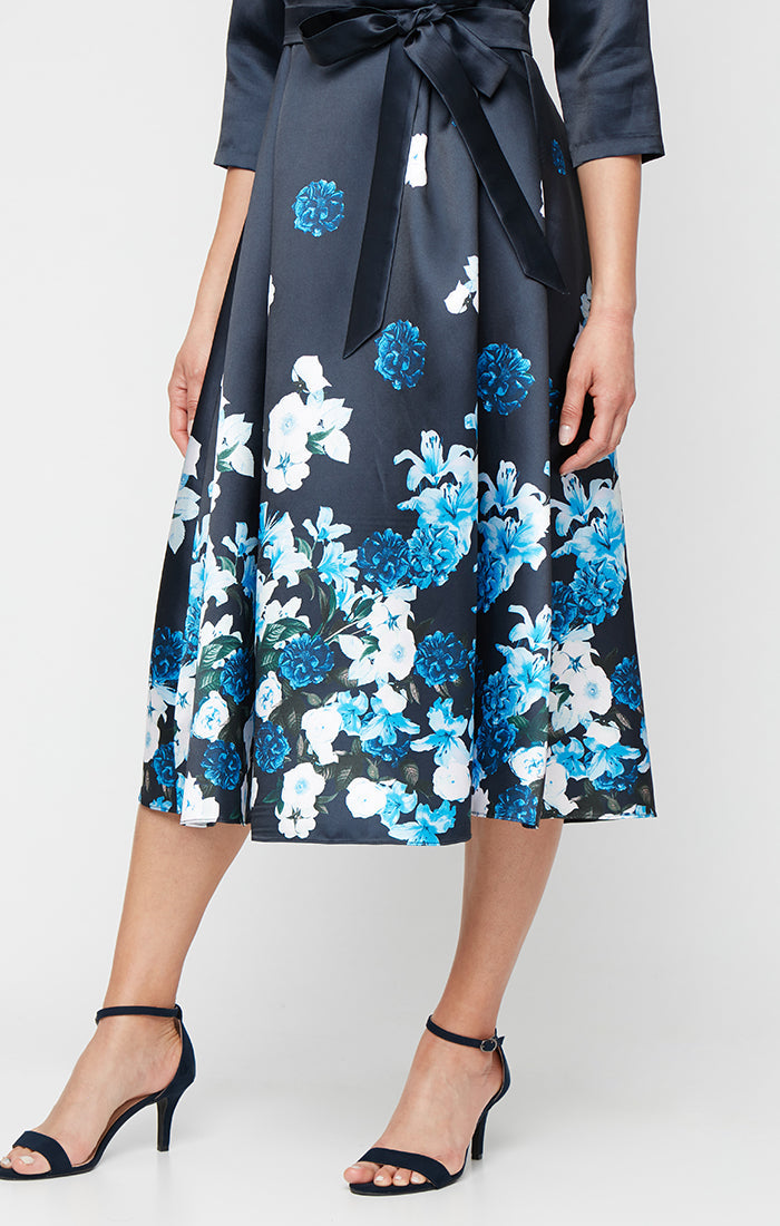 Tea Length Printed Mikado Dress with Surplice Neckline, A-Line Skirt and Tie Waist