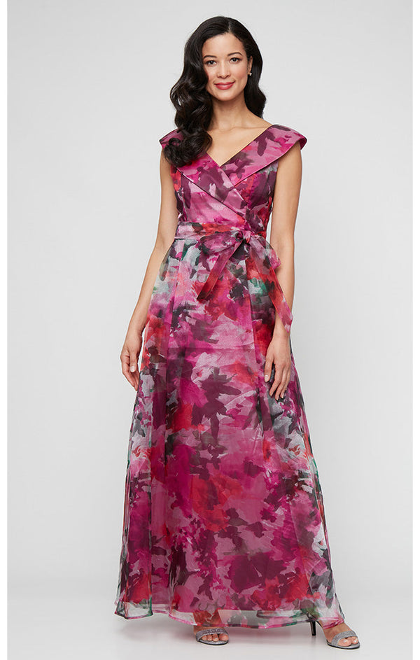 Long Sleeveless Printed Organza Ballgown with Portrait Collar Neckline and Tie Belt