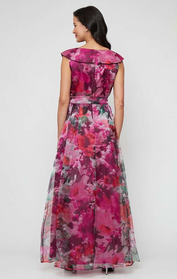 Long Sleeveless Printed Organza Ballgown with Portrait Collar Neckline and Tie Belt