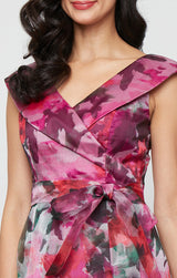 Long Sleeveless Printed Organza Ballgown with Portrait Collar Neckline and Tie Belt
