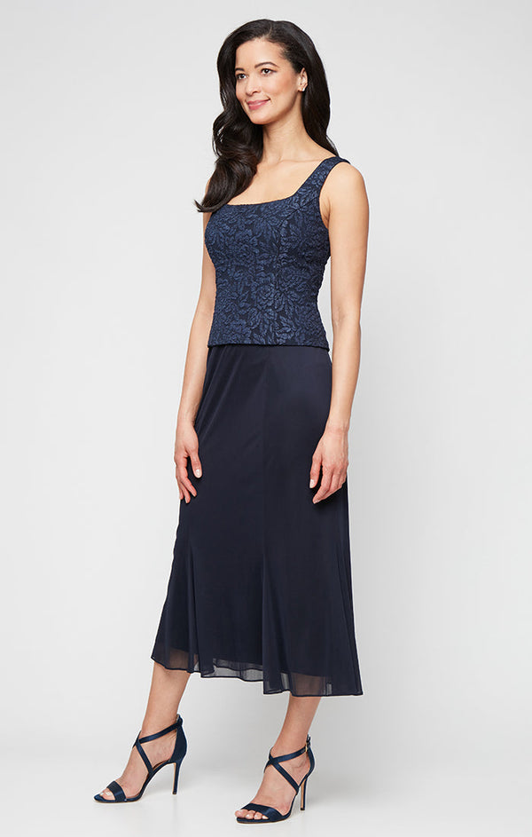 Plus Tea Length Textured Jacquard Mock Jacket Dress with Scoop Neck Bodice