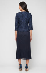 Plus Tea Length Textured Jacquard Mock Jacket Dress with Scoop Neck Bodice