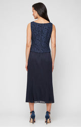 Plus Tea Length Textured Jacquard Mock Jacket Dress with Scoop Neck Bodice