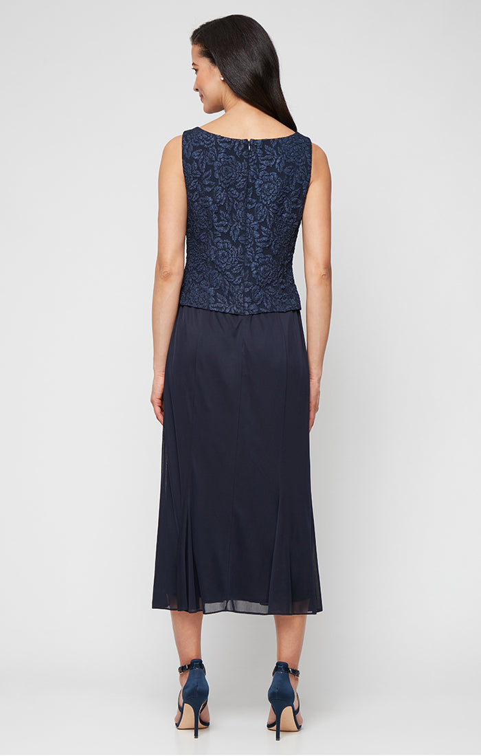 Plus Tea Length Textured Jacquard Mock Jacket Dress with Scoop Neck Bodice