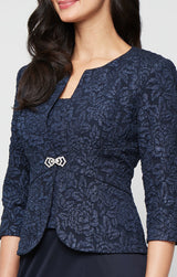 Plus Tea Length Textured Jacquard Mock Jacket Dress with Scoop Neck Bodice
